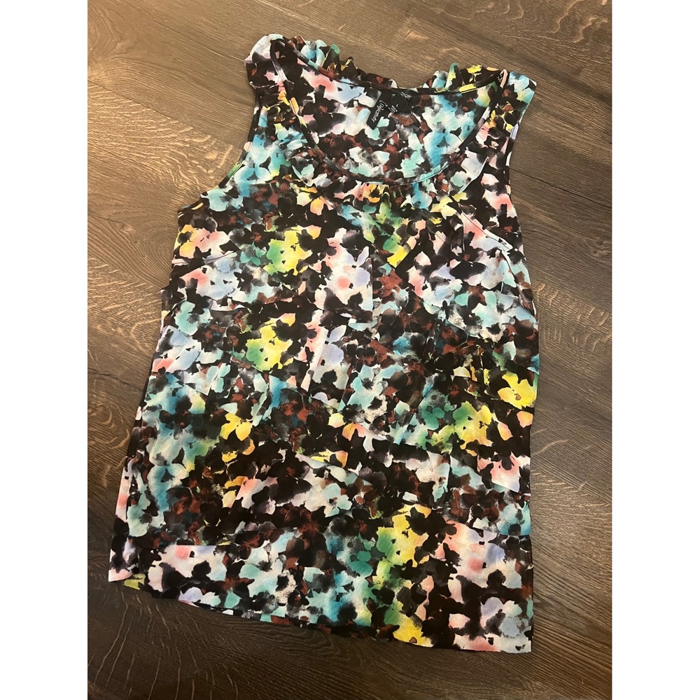 Relativity Floral Print Sleeveless Blouse Ruffle Neck Casual Top Size L